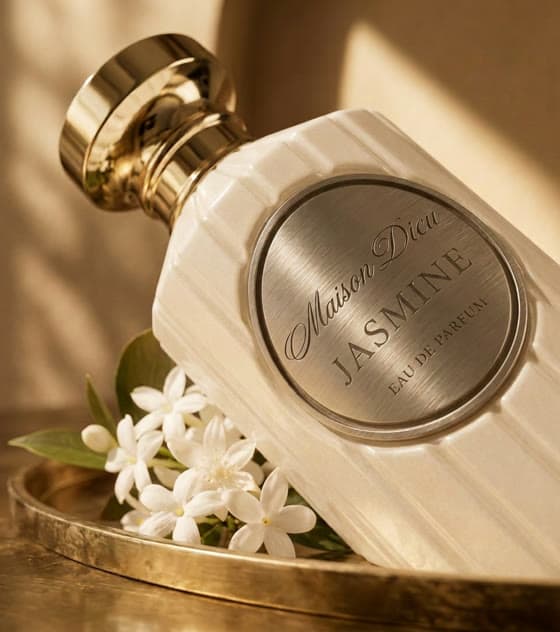 Il flacone Jasmine su un vassoio dorato, tra i fiori