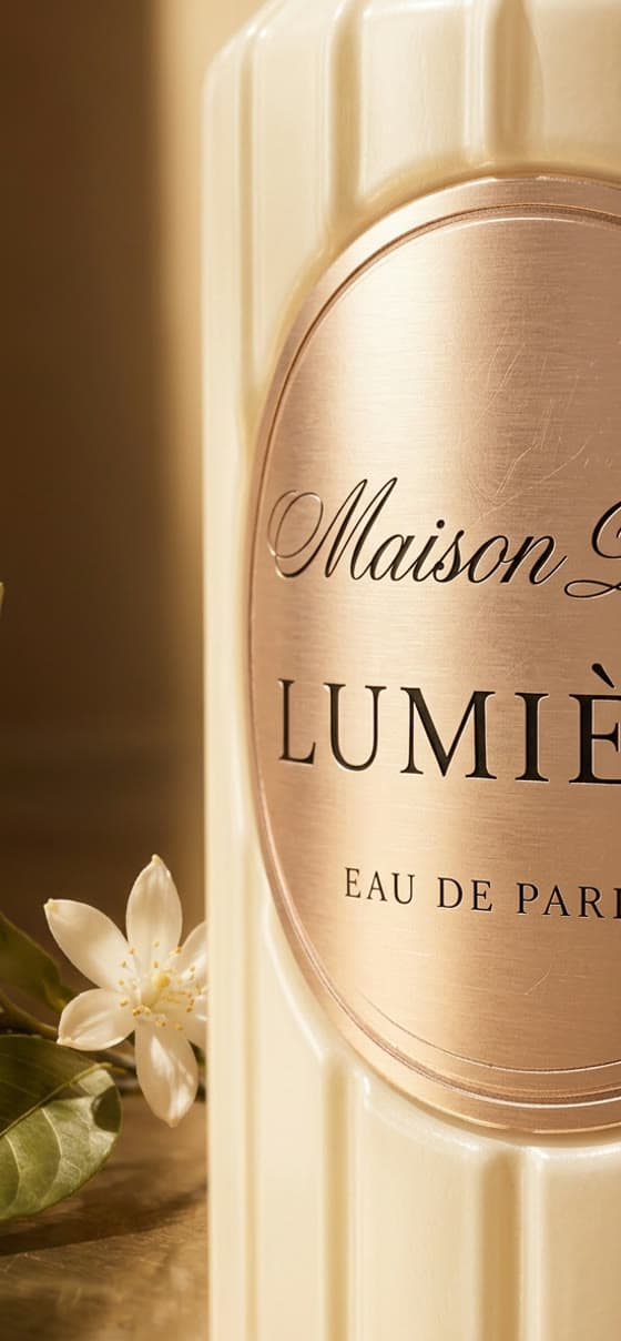 L’etichetta del flacone Lumière in luce radente