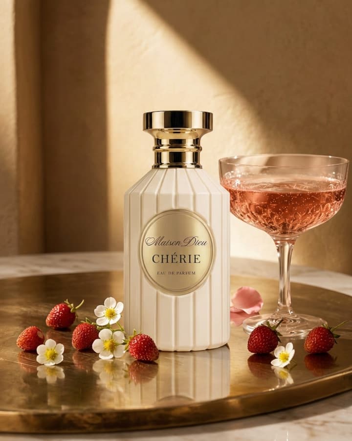 Il flacone Chérie sul vassoio dorato, tra le fragole e una coppa di rosé