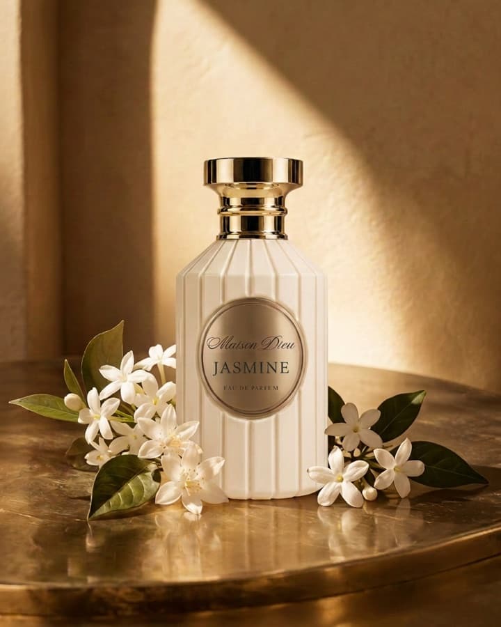 Il flacone Jasmine sul vassoio dorato, tra i rami di gelsomino in fiore
