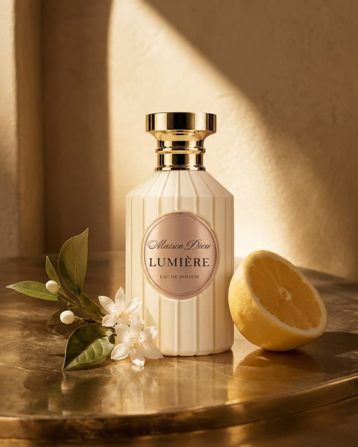 Il flacone Lumière sul vassoio dorato, tra i fiori d’arancio e mezzo limone